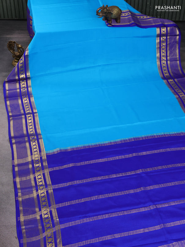 Pure mysore silk saree light blue and royal blue with plain body and zari woven border