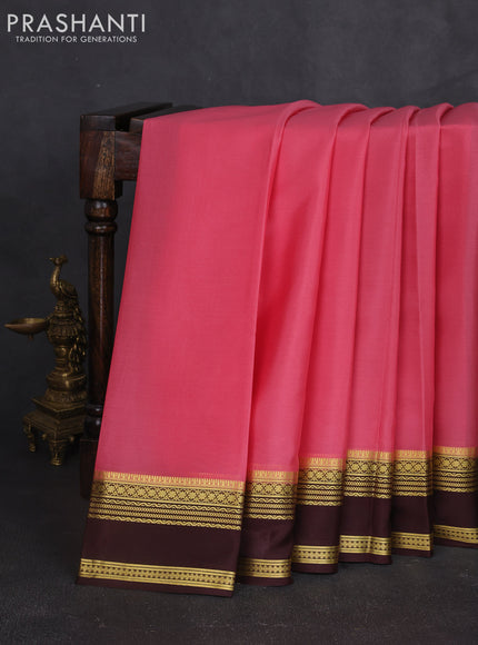 Pure mysore silk saree peach pink and coffee brown with plain body and rettapet zari woven border