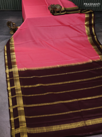Pure mysore silk saree peach pink and coffee brown with plain body and rettapet zari woven border