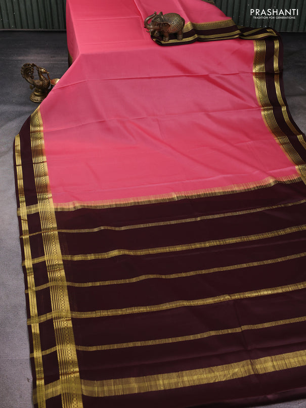 Pure mysore silk saree peach pink and coffee brown with plain body and rettapet zari woven border