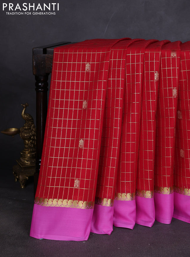 Pure mysore silk saree red and light pink with allover zari checked pattern and zari woven simple border