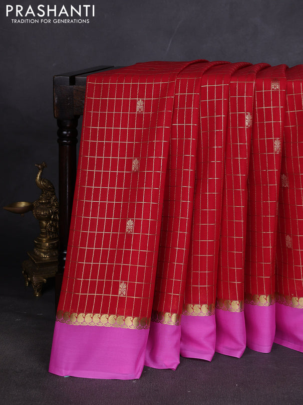 Pure mysore silk saree red and light pink with allover zari checked pattern and zari woven simple border