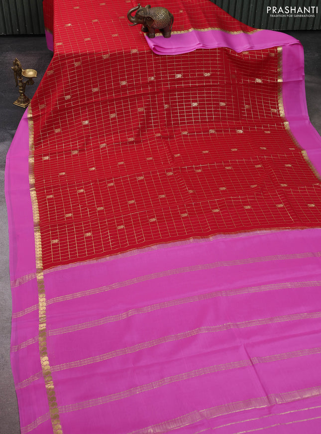 Pure mysore silk saree red and light pink with allover zari checked pattern and zari woven simple border