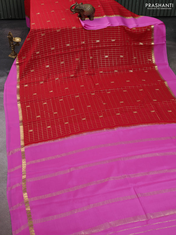 Pure mysore silk saree red and light pink with allover zari checked pattern and zari woven simple border