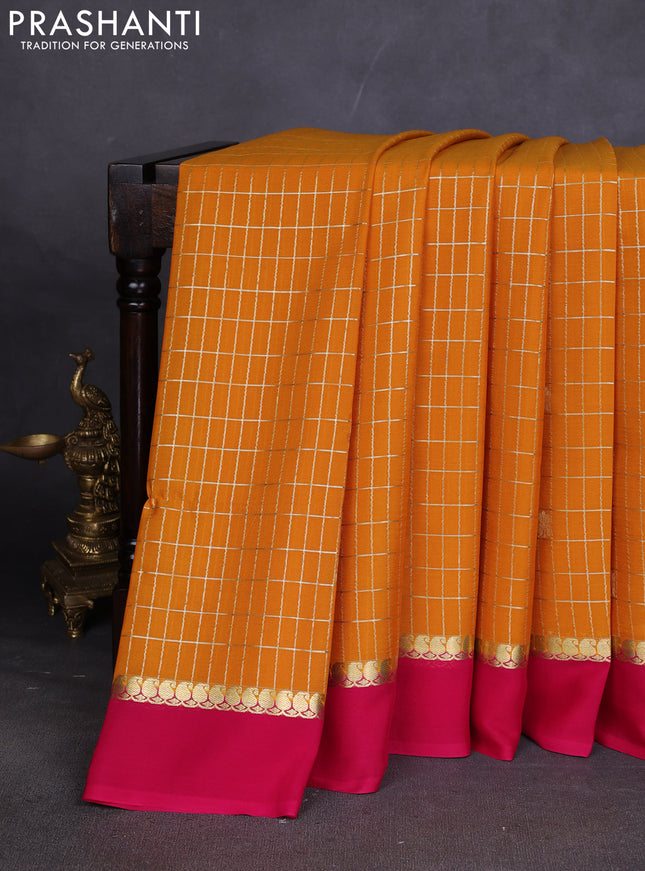 Pure mysore silk saree mustard yellow and pink with allover zari checked pattern and zari woven simple border