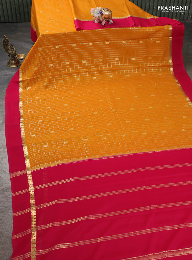 Pure mysore silk saree mustard yellow and pink with allover zari checked pattern and zari woven simple border