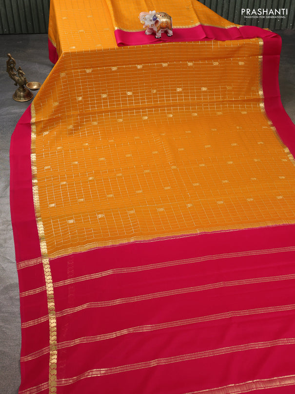 Pure mysore silk saree mustard yellow and pink with allover zari checked pattern and zari woven simple border