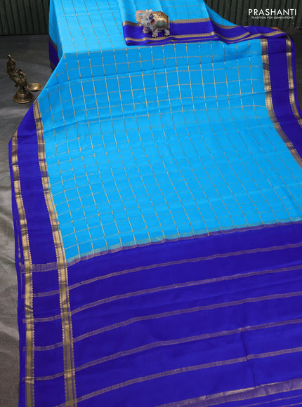 Pure mysore silk saree light blue and royal blue with allover zari checked pattern and rettapet zari woven border