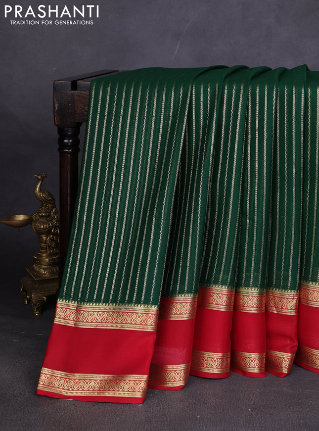Pure mysore silk saree dark green and red with allover zari weaves and rettapet zari woven border