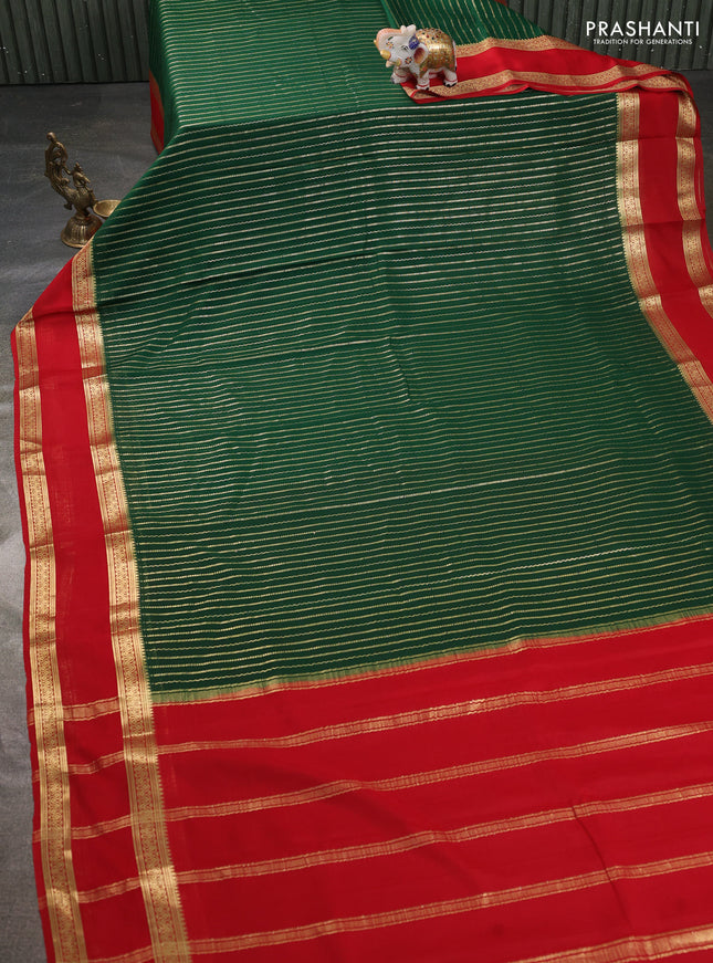 Pure mysore silk saree dark green and red with allover zari weaves and rettapet zari woven border