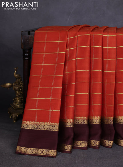 Pure mysore silk saree rust shade and coffee brown with allover zari woven checked pattern and rettapet zari woven border