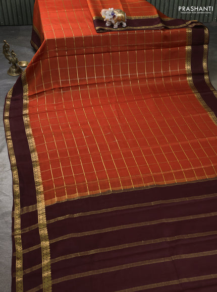 Pure mysore silk saree rust shade and coffee brown with allover zari woven checked pattern and rettapet zari woven border