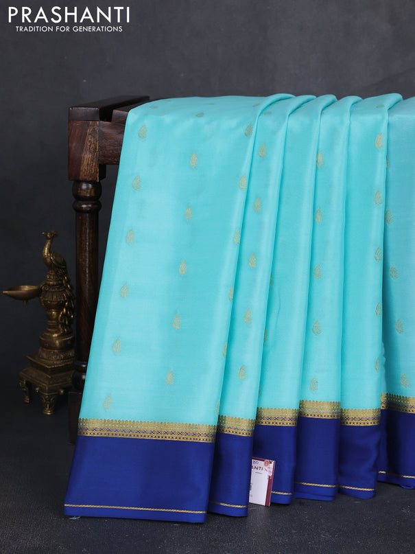 Pure mysore silk saree teal blue and blue with zari woven buttas and rettapet zari woven border
