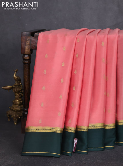 Pure mysore silk saree peach shade and bottle green with zari woven buttas and rettapet zari woven border