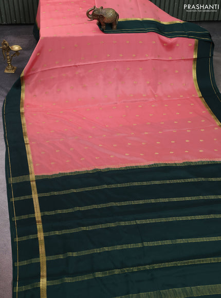 Pure mysore silk saree peach shade and bottle green with zari woven buttas and rettapet zari woven border