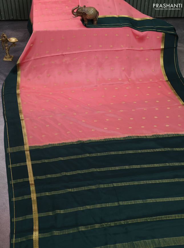 Pure mysore silk saree peach shade and bottle green with zari woven buttas and rettapet zari woven border