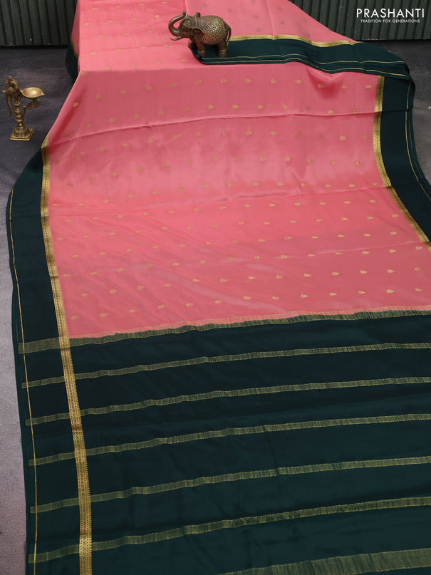 Pure mysore silk saree peach shade and bottle green with zari woven buttas and rettapet zari woven border