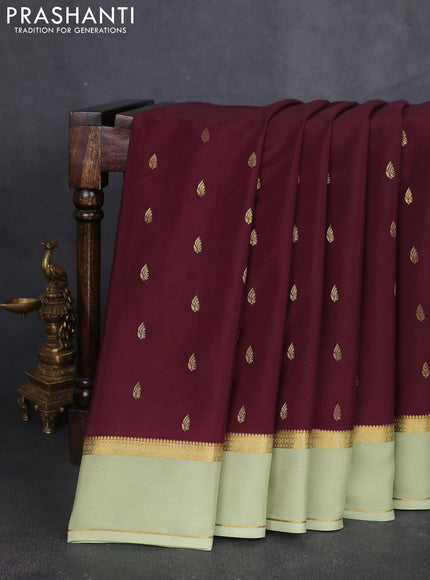 Pure mysore silk saree coffee brown and pista green with zari woven buttas and rettapet zari woven border