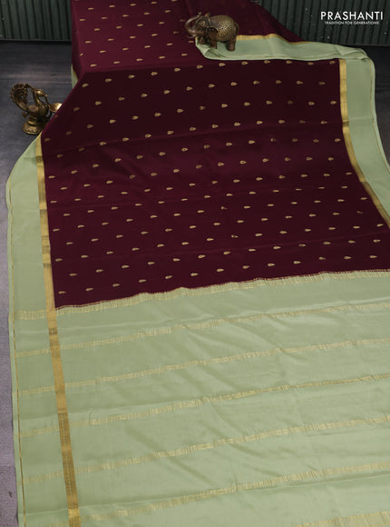 Pure mysore silk saree coffee brown and pista green with zari woven buttas and rettapet zari woven border