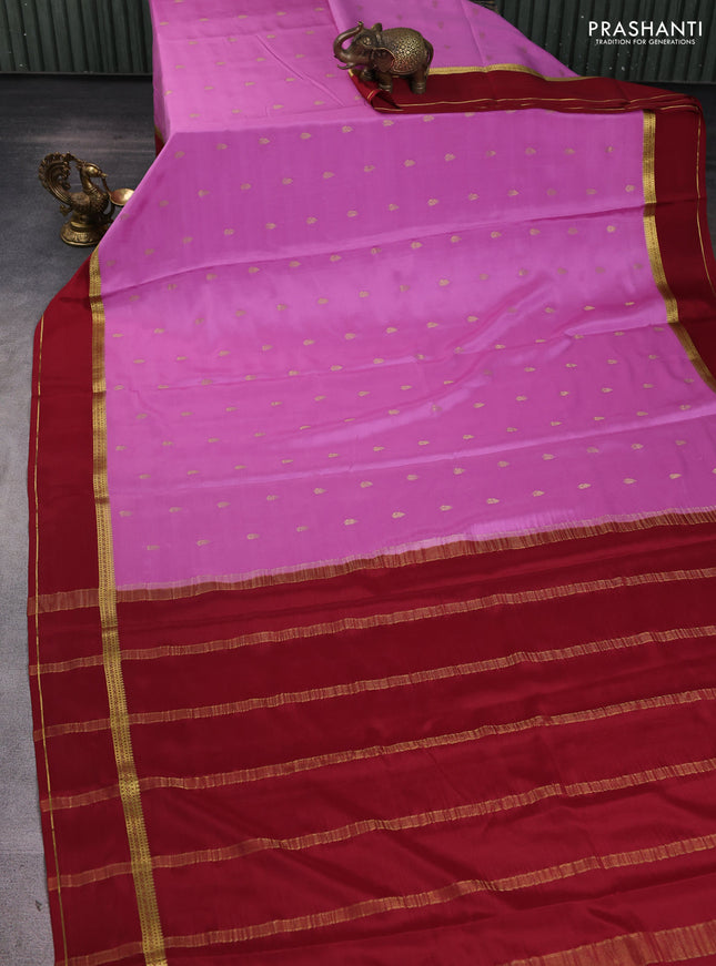 Pure mysore silk saree lotus pink and deep maroon with zari woven buttas and rettapet zari woven border