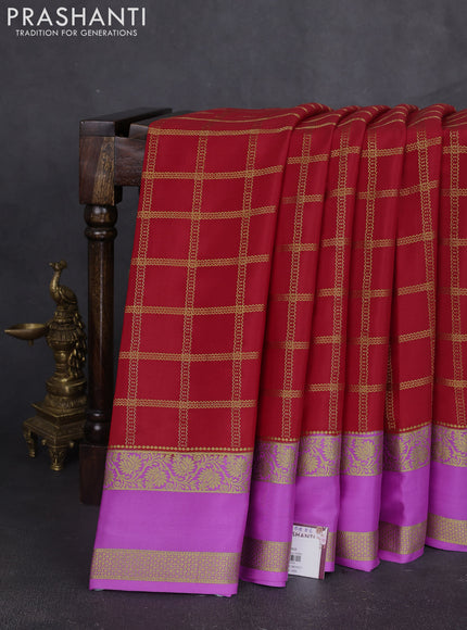 Pure mysore silk saree red and lavender with allover zari woven checked pattern and rettapet zari woven border
