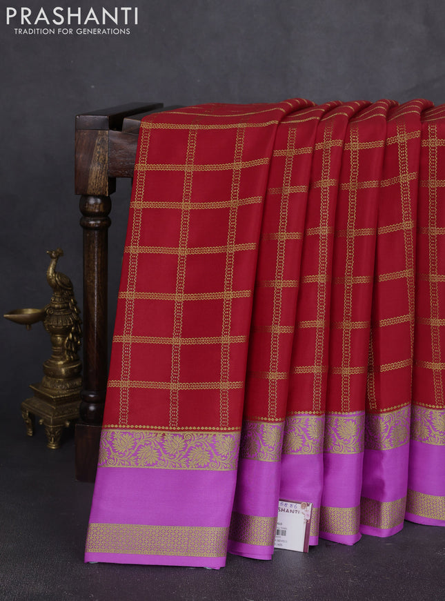 Pure mysore silk saree red and lavender with allover zari woven checked pattern and rettapet zari woven border