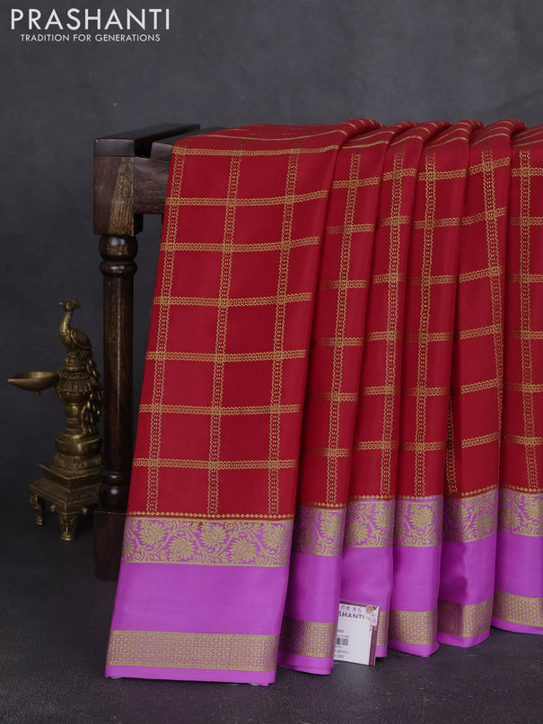 Pure mysore silk saree red and lavender with allover zari woven checked pattern and rettapet zari woven border