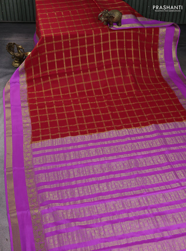 Pure mysore silk saree red and lavender with allover zari woven checked pattern and rettapet zari woven border