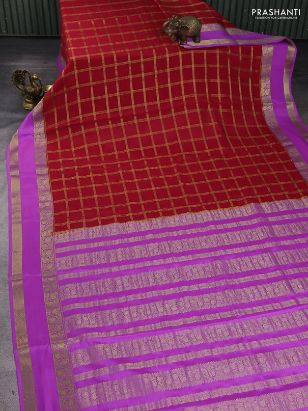 Pure mysore silk saree red and lavender with allover zari woven checked pattern and rettapet zari woven border