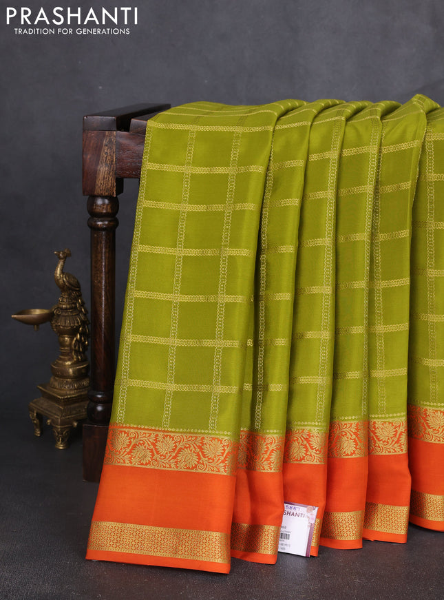 Pure mysore silk saree mehendi green and orange with allover zari woven checked pattern and rettapet zari woven border