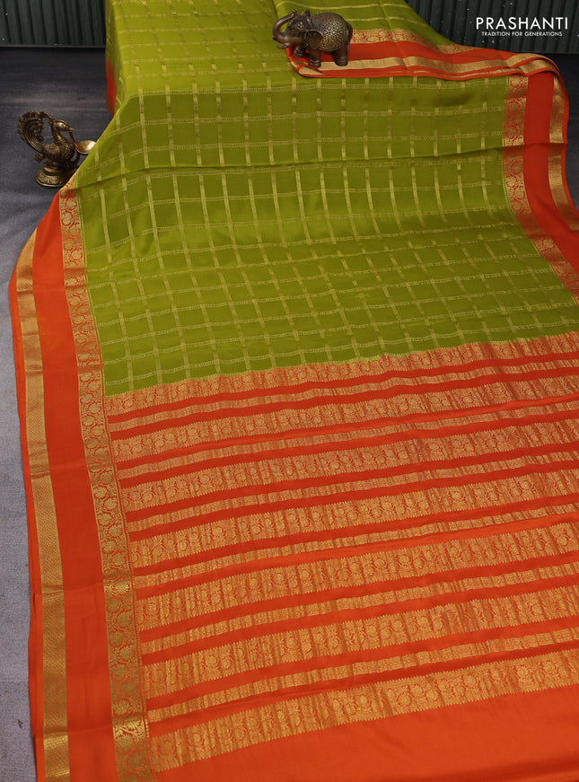 Pure mysore silk saree mehendi green and orange with allover zari woven checked pattern and rettapet zari woven border