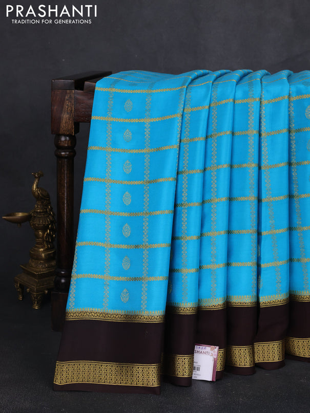 Pure mysore silk saree light blue and coffee brown with allover zari checks & buttas and rettapet zari woven border