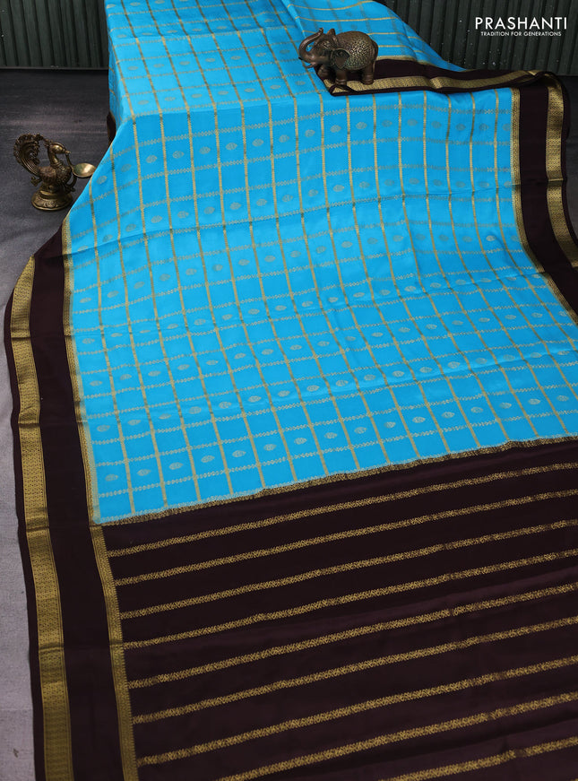 Pure mysore silk saree light blue and coffee brown with allover zari checks & buttas and rettapet zari woven border