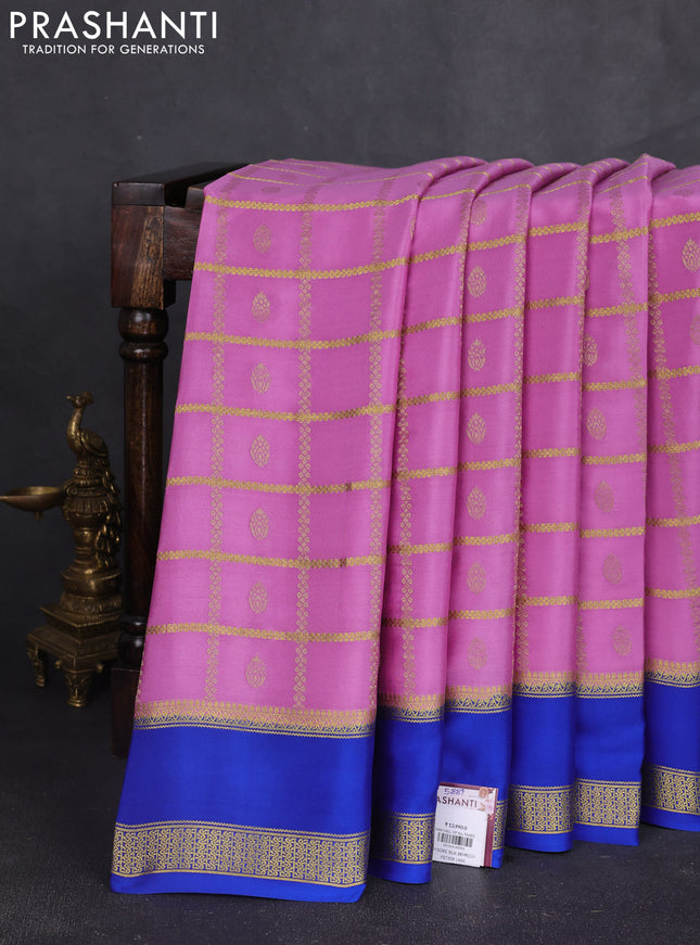 Pure mysore silk saree lavender shade and blue with allover zari checks & buttas and rettapet zari woven border