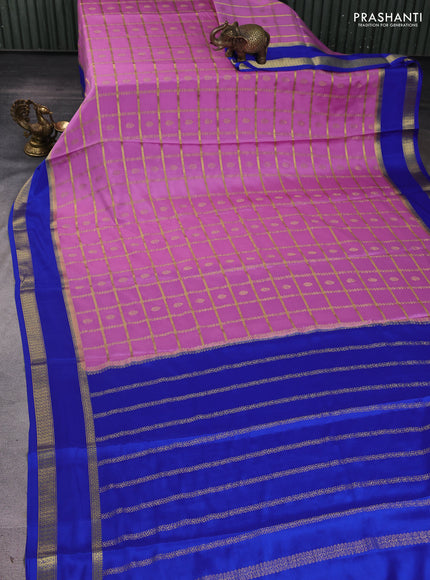 Pure mysore silk saree lavender shade and blue with allover zari checks & buttas and rettapet zari woven border