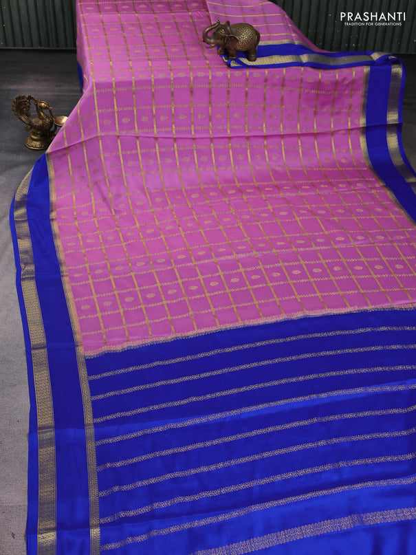 Pure mysore silk saree lavender shade and blue with allover zari checks & buttas and rettapet zari woven border