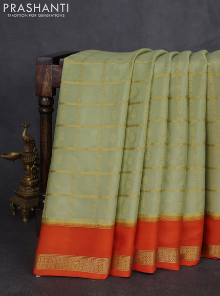 Pure mysore silk saree pista green and orange with allover zari checks & buttas and rettapet zari woven border