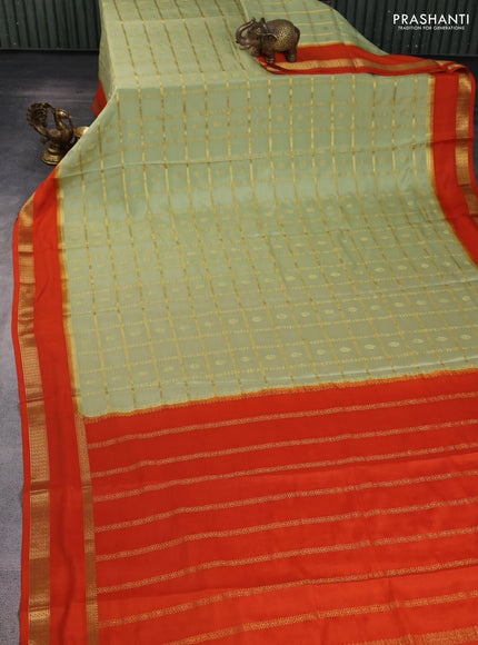 Pure mysore silk saree pista green and orange with allover zari checks & buttas and rettapet zari woven border