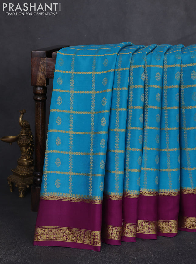 Pure mysore silk saree blue and purple with allover zari checks & buttas and rettapet zari woven border