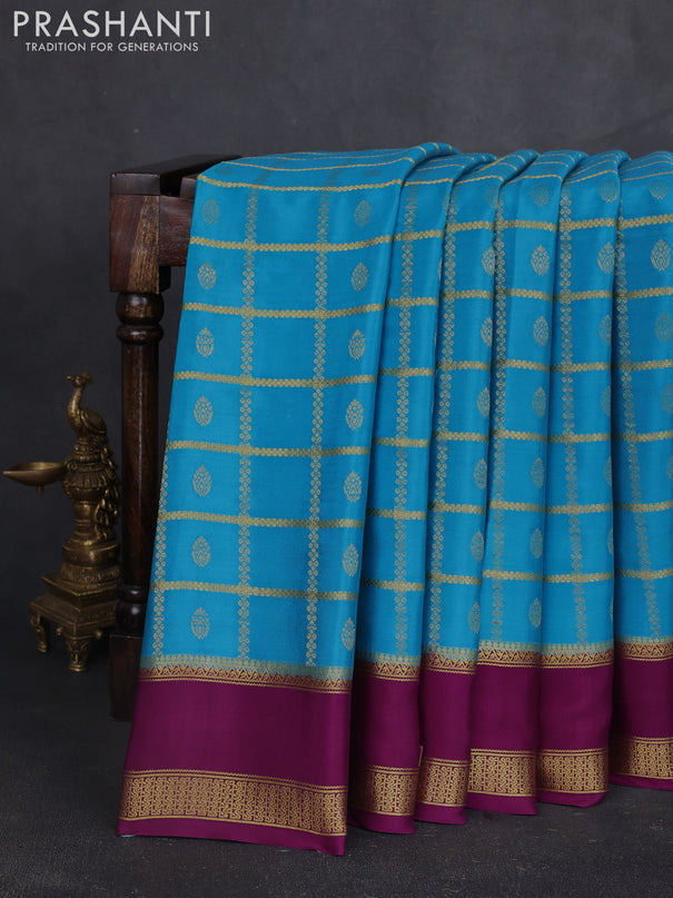 Pure mysore silk saree blue and purple with allover zari checks & buttas and rettapet zari woven border