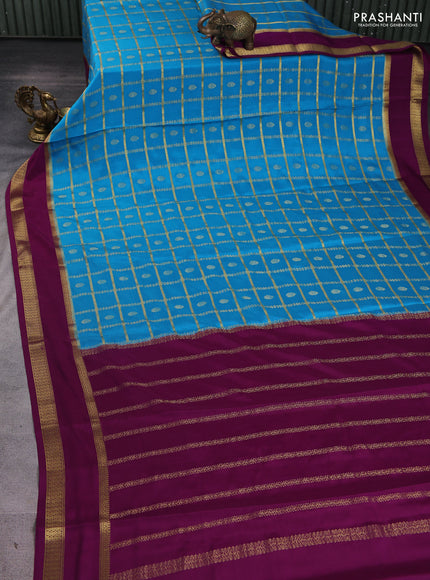 Pure mysore silk saree blue and purple with allover zari checks & buttas and rettapet zari woven border