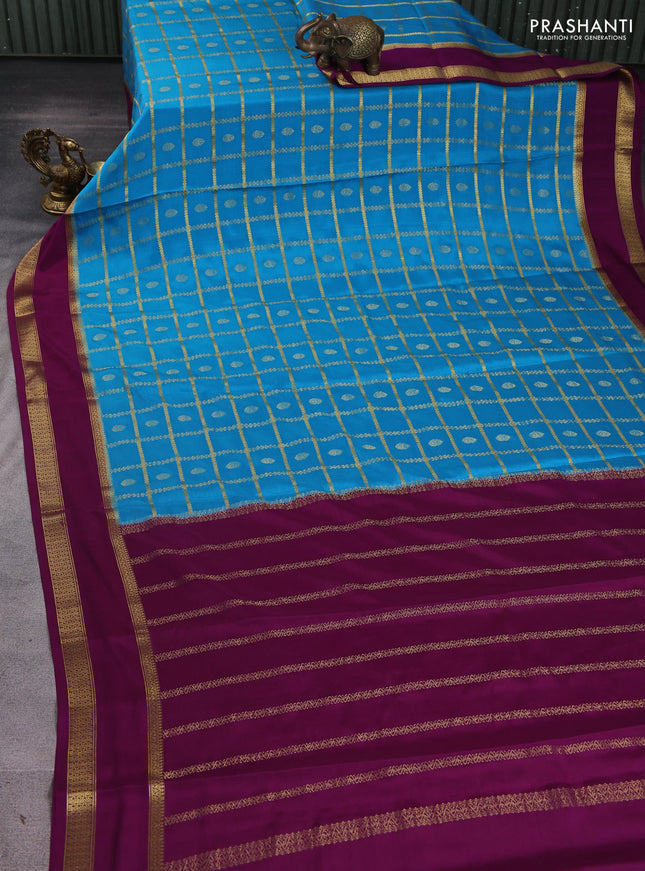 Pure mysore silk saree blue and purple with allover zari checks & buttas and rettapet zari woven border