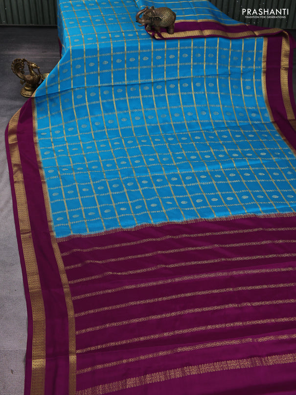 Pure mysore silk saree blue and purple with allover zari checks & buttas and rettapet zari woven border