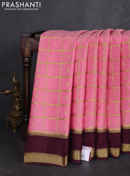 Pure mysore silk saree peach pink and wine shade with allover zari checks & buttas and rettapet zari woven border