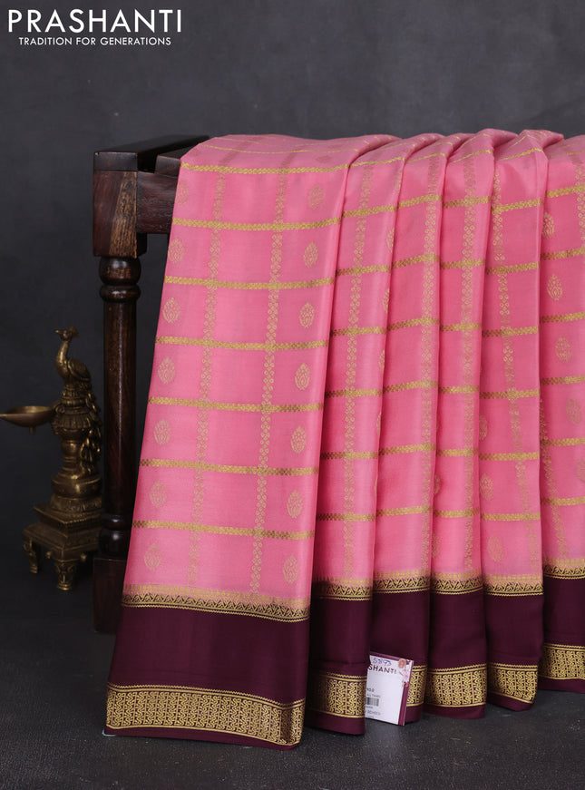 Pure mysore silk saree peach pink and wine shade with allover zari checks & buttas and rettapet zari woven border