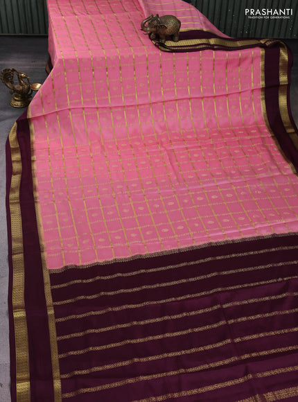 Pure mysore silk saree peach pink and wine shade with allover zari checks & buttas and rettapet zari woven border