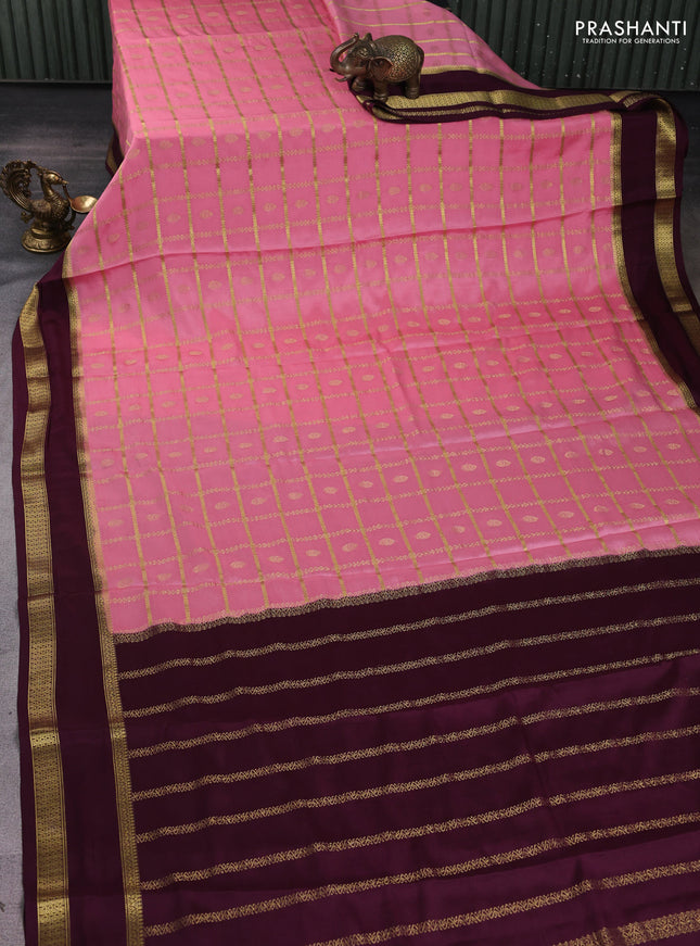 Pure mysore silk saree peach pink and wine shade with allover zari checks & buttas and rettapet zari woven border