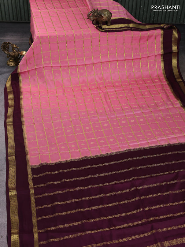 Pure mysore silk saree peach pink and wine shade with allover zari checks & buttas and rettapet zari woven border