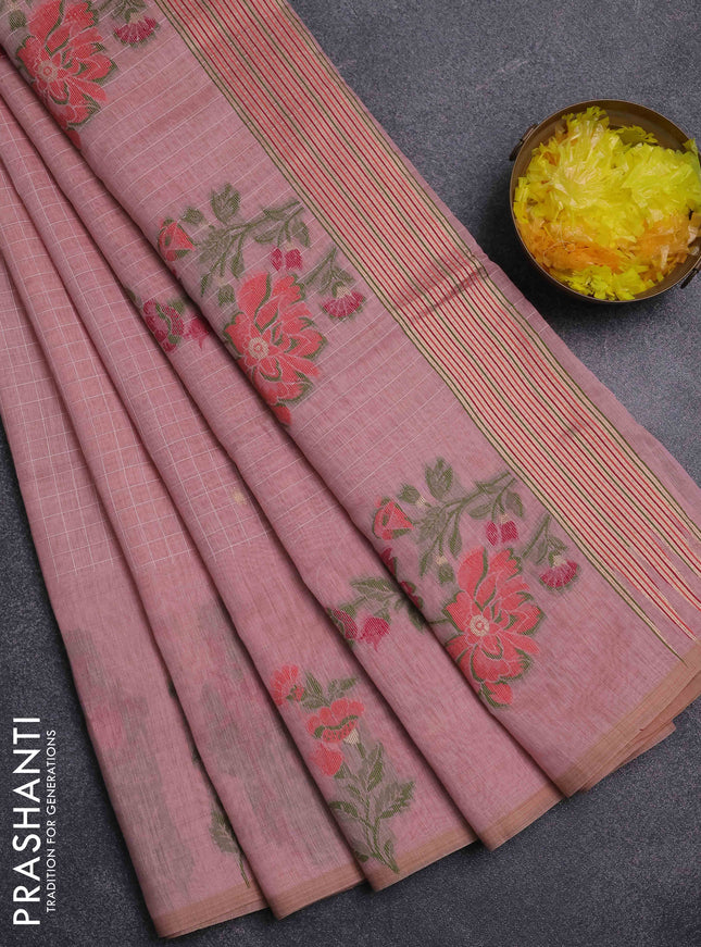 Jamdhani cotton saree peach pink and maroon with allover checked pattern and floral design jamdhani pallu