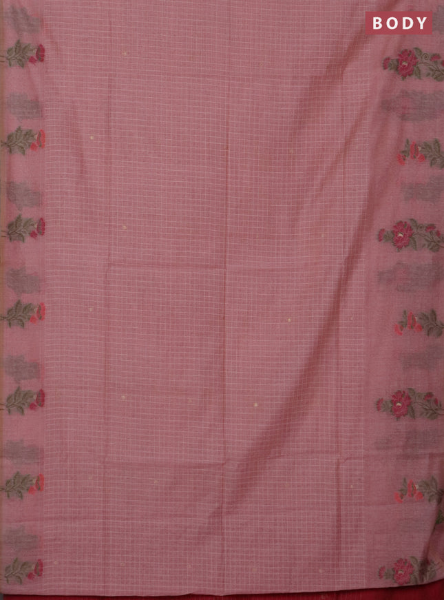 Jamdhani cotton saree peach pink and maroon with allover checked pattern and floral design jamdhani pallu